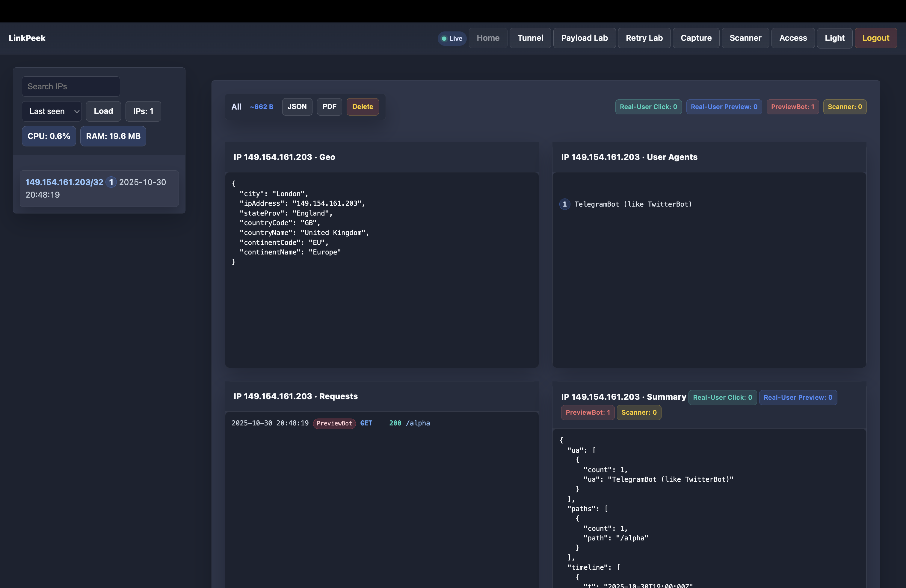 LinkPeek activity feed showing real-user, preview bot, and scanner traffic badges.