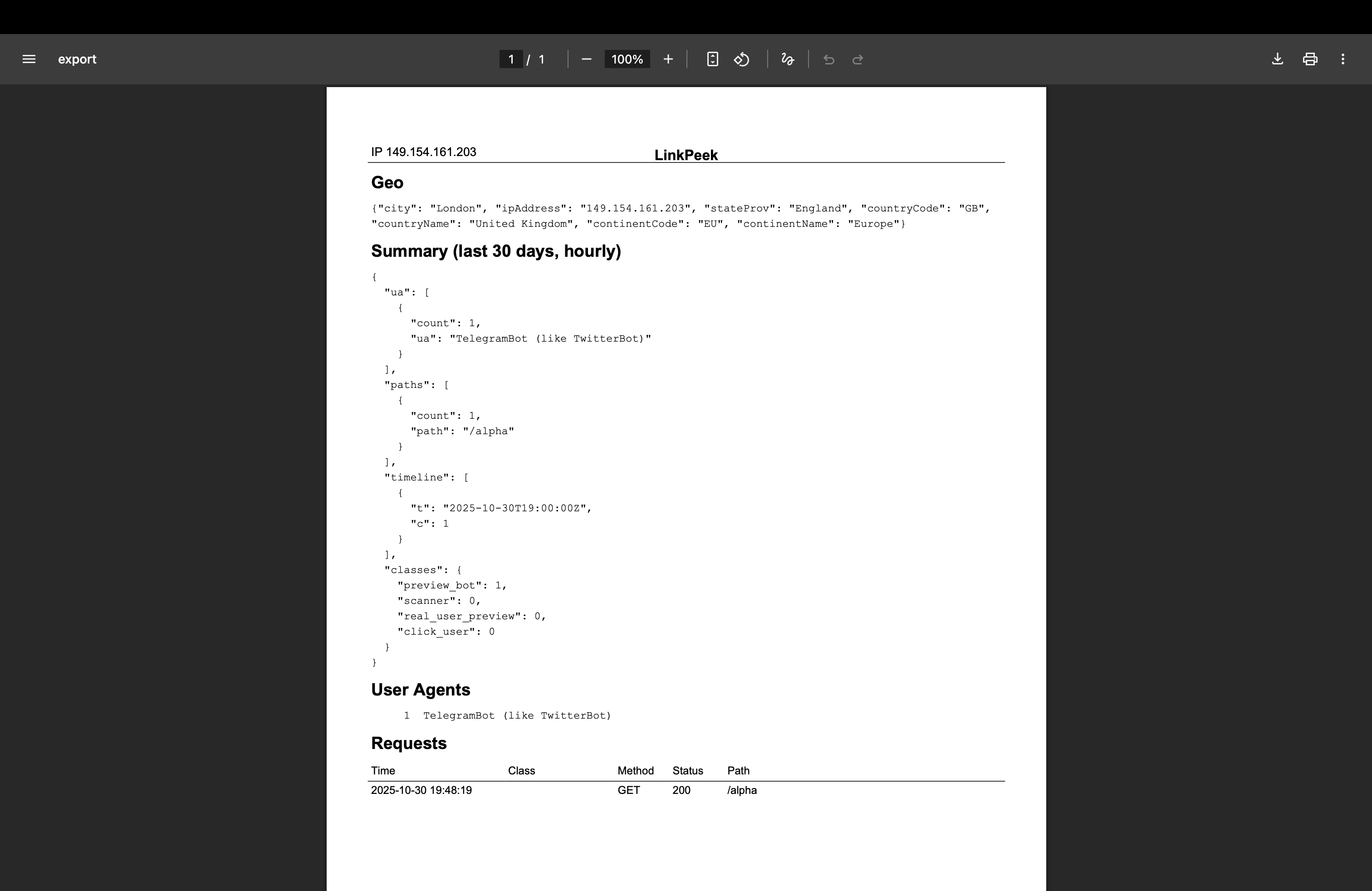 PDF export preview showing LinkPeek dashboard logs ready for download.