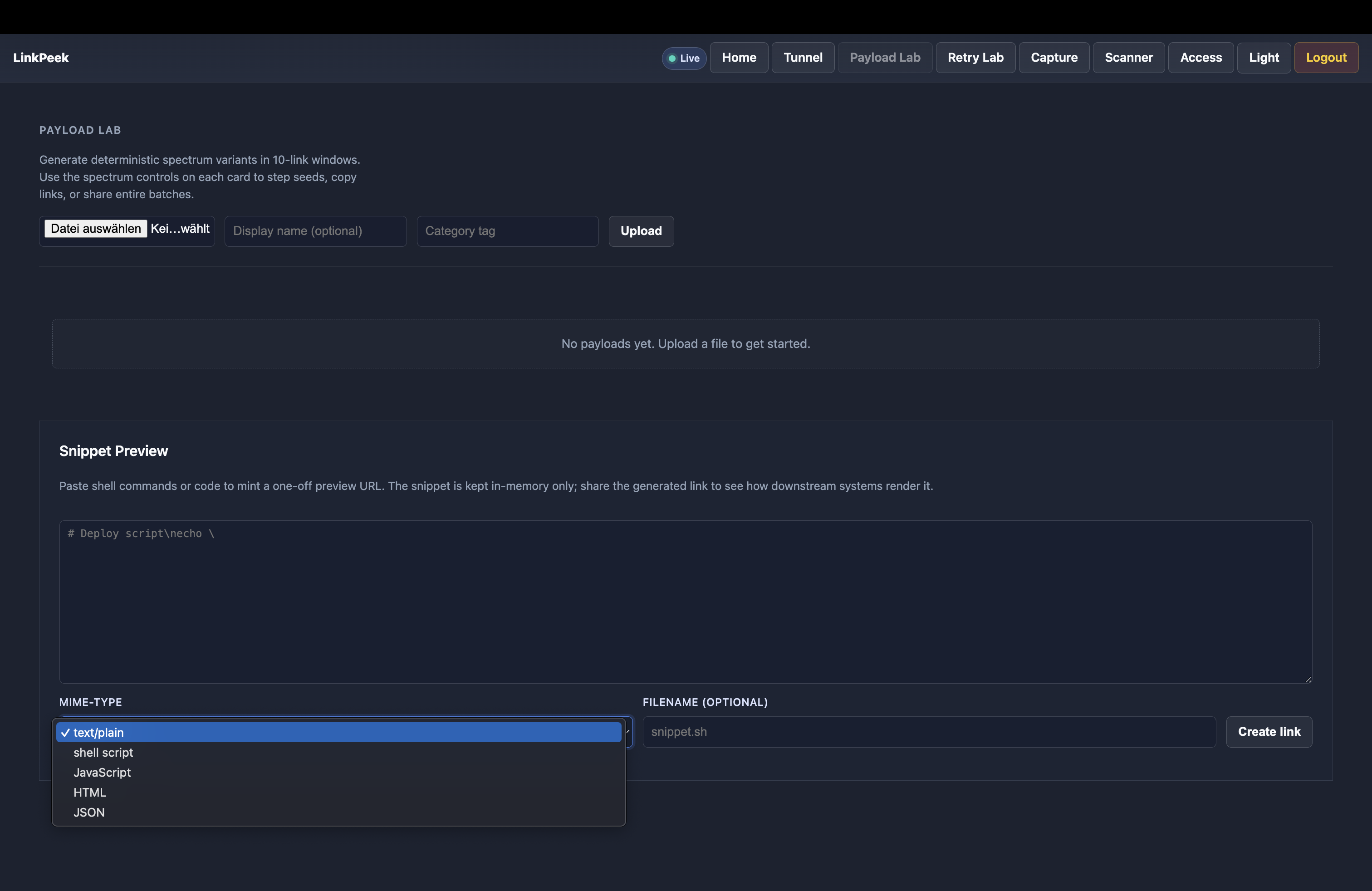 Payload lab showing inline, attachment, and redirect preview panels side by side.