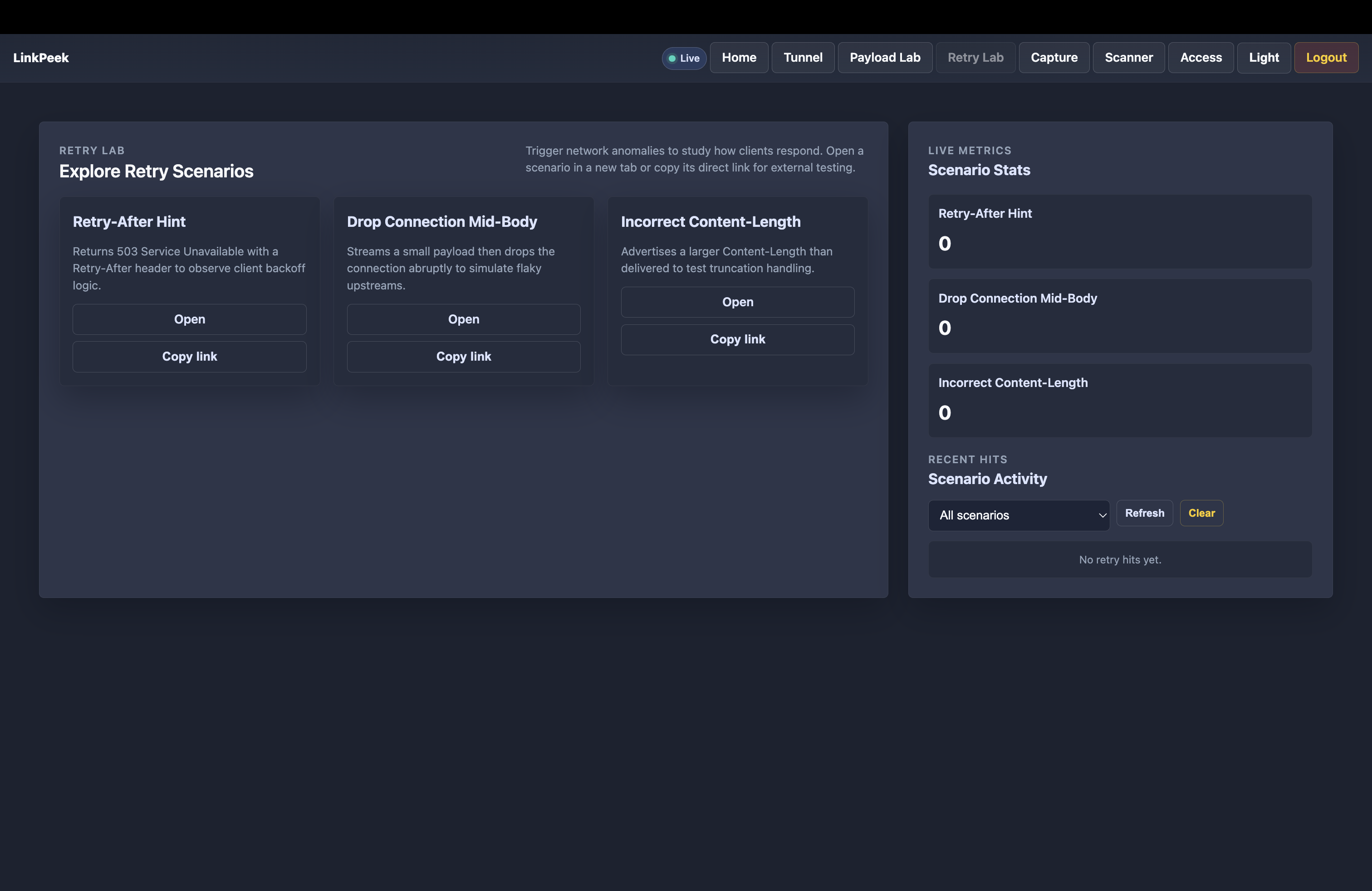 Retry lab progress view showing scenario metrics and current run status.