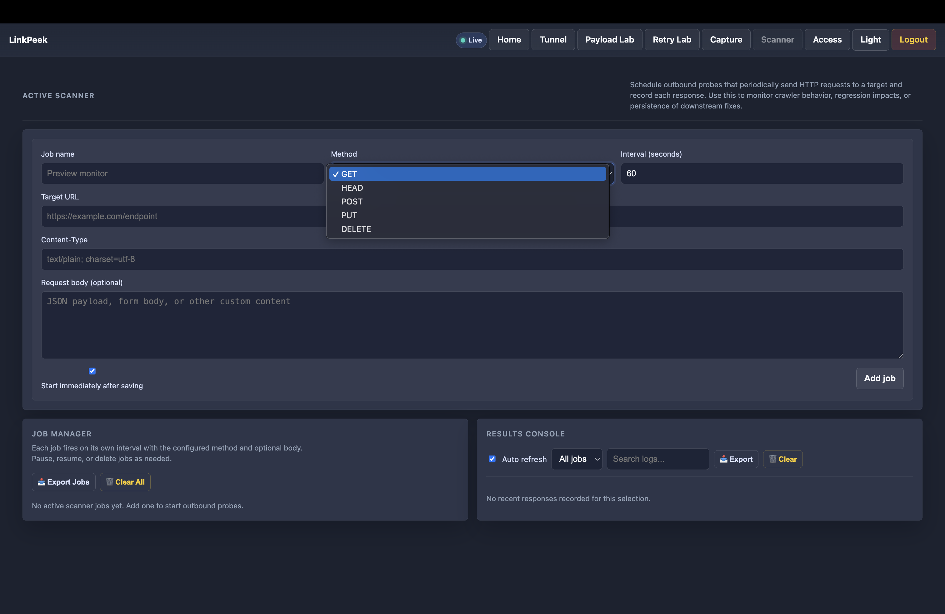 Scanner lab page highlighting job creation summary and inspect results sections.