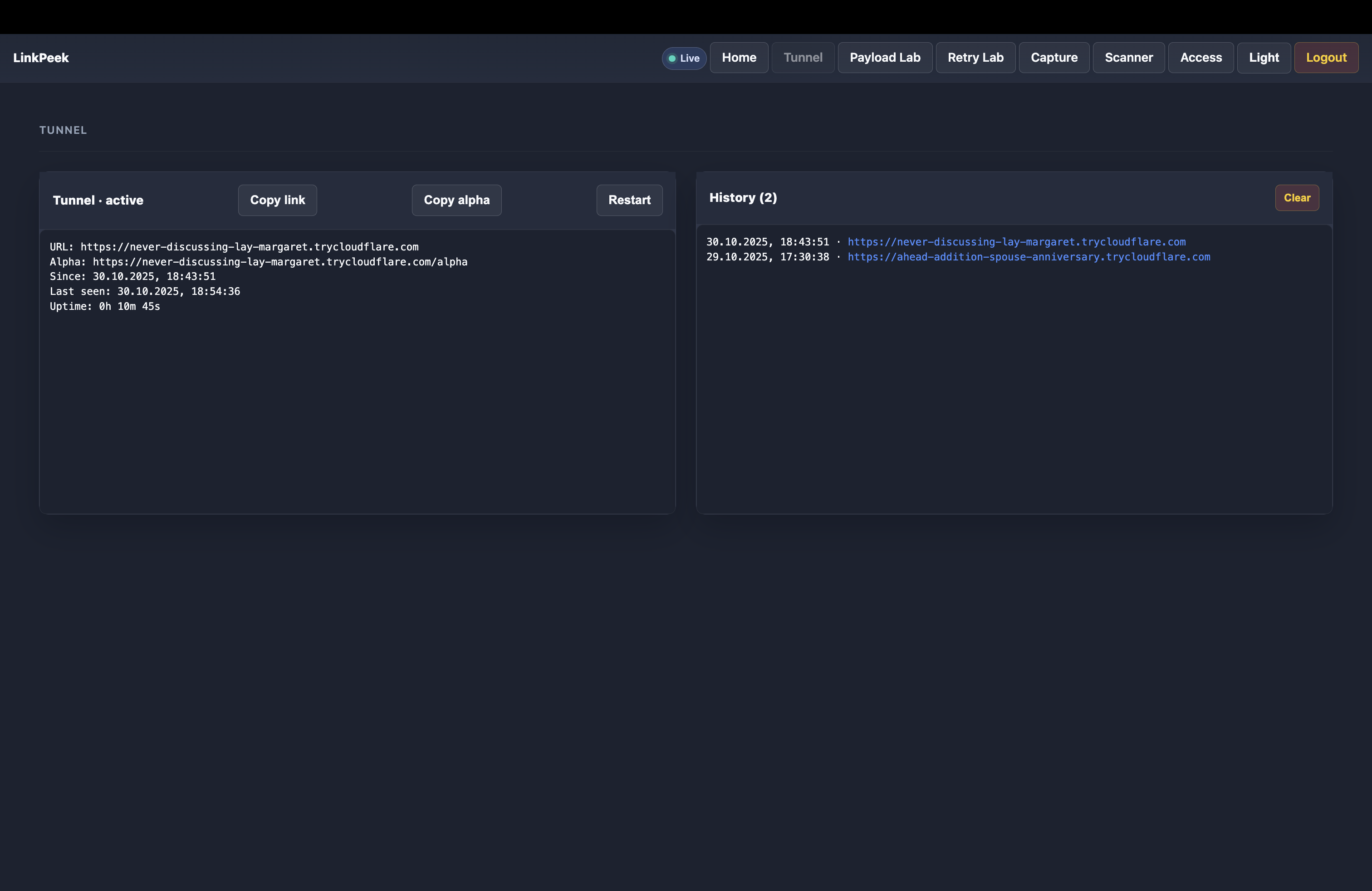 Tunnel monitor tile showing active hostname, uptime badge, and restart confirmation modal.